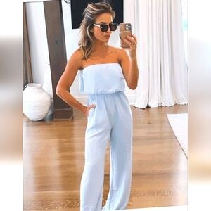 Kittenish Women's Light Blue Strapless Frayed Hem "Lyssa" Jumpsuit NWT Size M